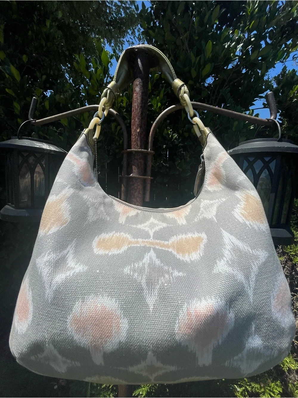 Coach Poppy Ikat Print Canvas Hobo Shoulder Bag Style 16926 Gray Blush